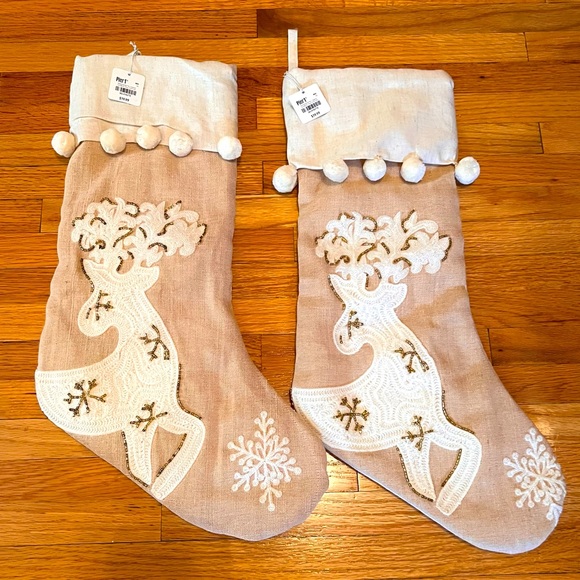2 Adorable Christmas Deer Stockings - Pier 1-Never Used-Tan & Cream Colors